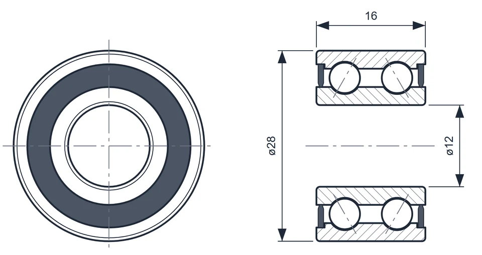 5001 bearing dimension drawing, 12 x 28 x 16 mm