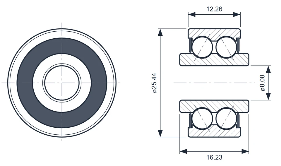 6000-510A bearing dimension drawing, 8.08 x 25.44 x 16.23 mm