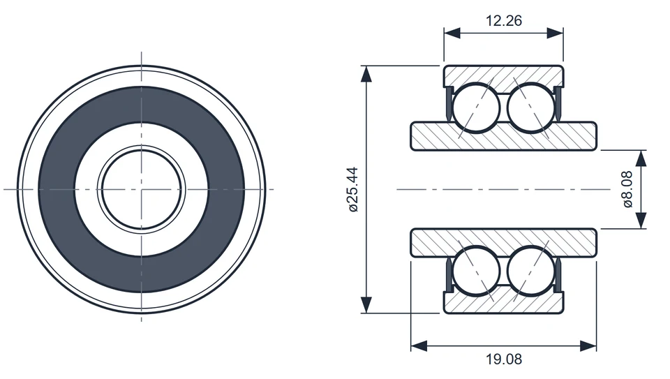 6000-512A bearing dimension drawing, 8.08 x 25.44 x 19.08 mm
