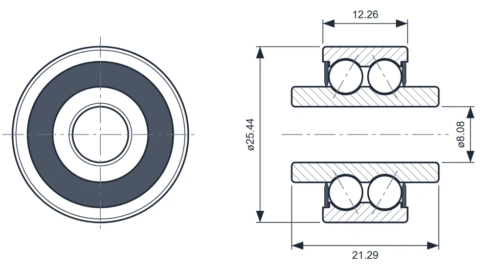 6000-516 bearing dimension drawing, 8.08 x 25.44 x 21.29 mm