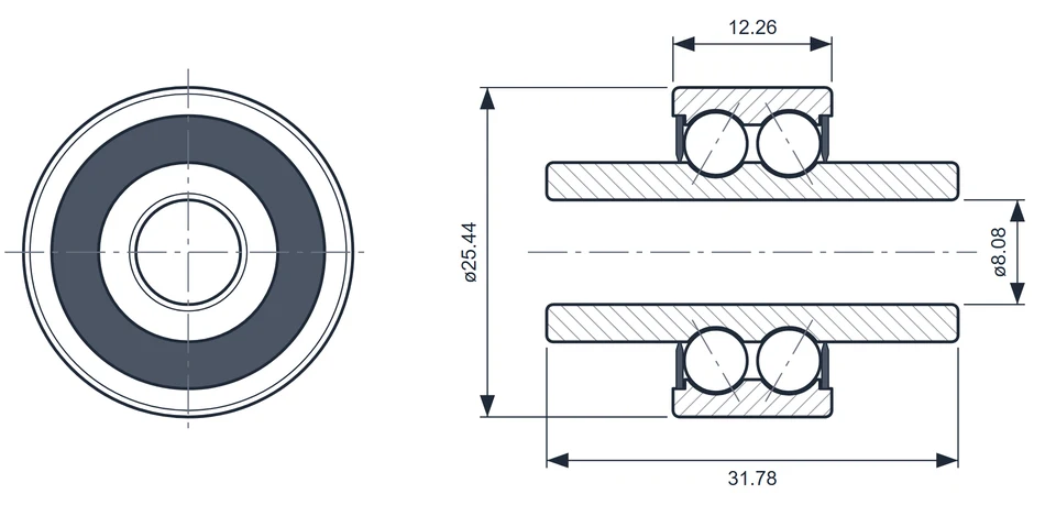 6000-522A bearing dimension drawing, 8.08 x 25.44 x 31.78 mm