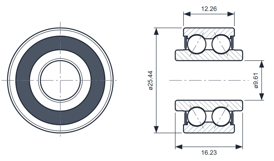 6000-610A bearing dimension drawing, 9.61 x 25.44 x 16.23 mm
