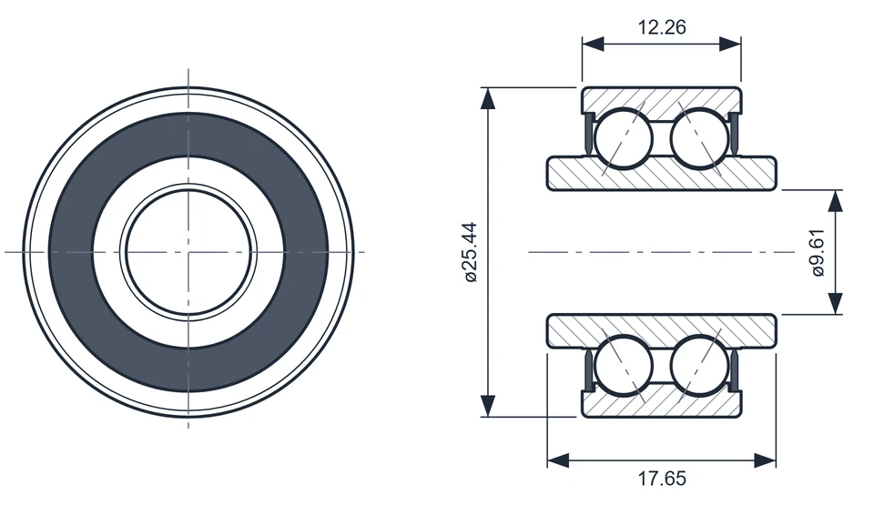 6000-611A bearing dimension drawing, 9.61 x 25.44 x 17.65 mm