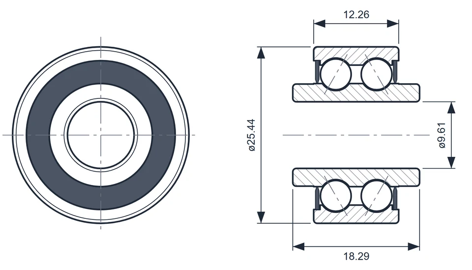 6000-611C bearing dimension drawing, 9.61 x 25.44 x 18.29 mm