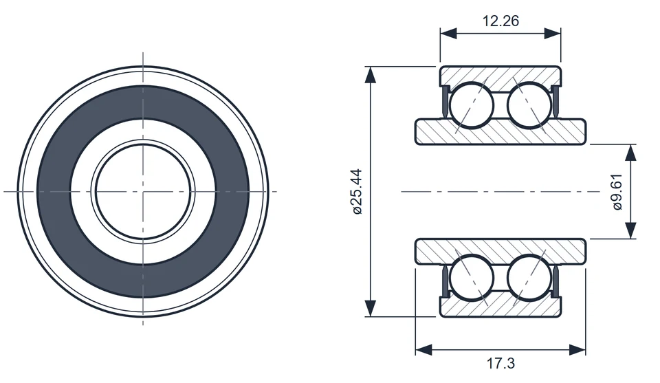 6000-613C bearing dimension drawing, 9.61 x 25.44 x 17.3 mm