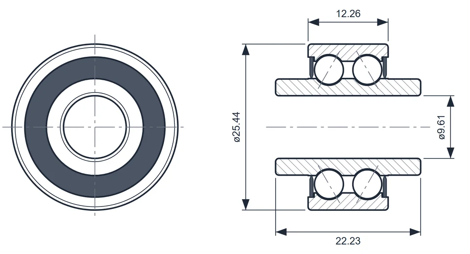 6000-614A bearing dimension drawing, 9.61 x 25.44 x 22.23 mm