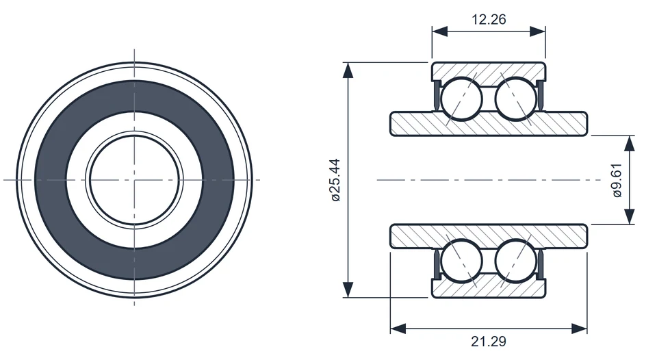 6000-616 bearing dimension drawing, 9.61 x 25.44 x 21.29 mm