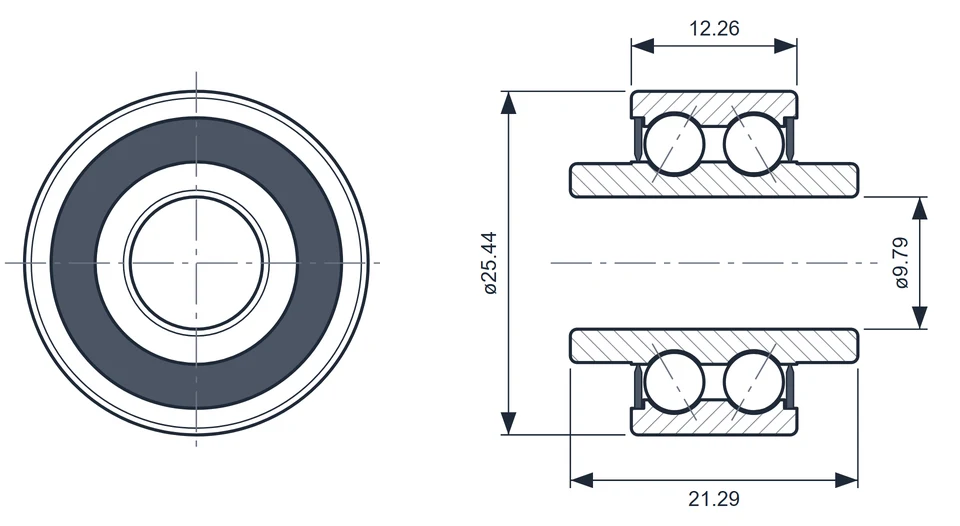 6000-616A bearing dimension drawing, 9.79 x 25.44 x 21.29 mm