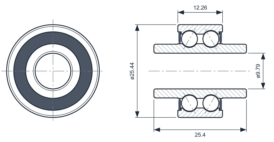 6000-616B bearing dimension drawing, 9.79 x 25.44 x 25.4 mm