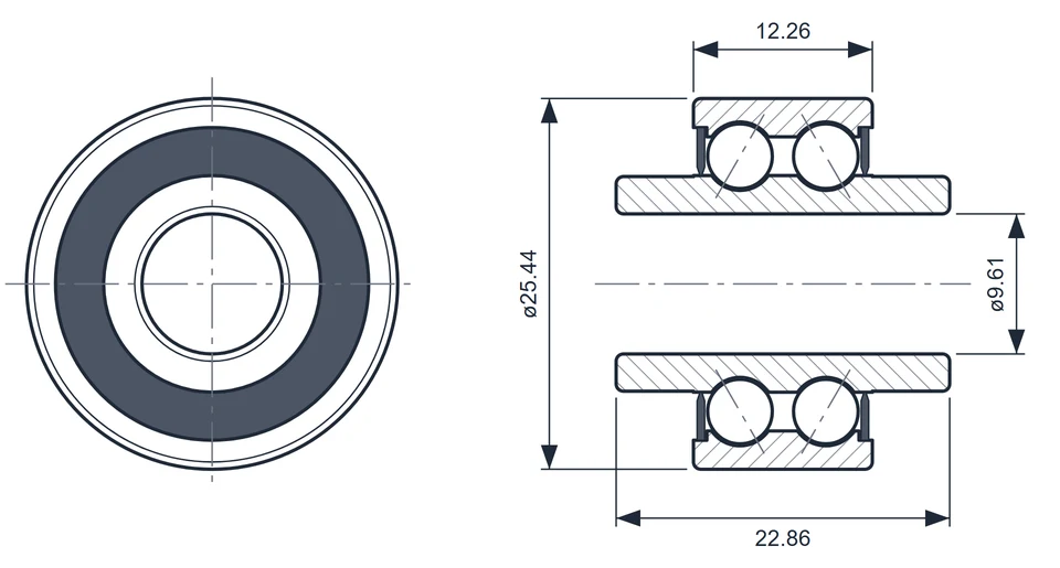 6000-618 bearing dimension drawing, 9.61 x 25.44 x 22.86 mm