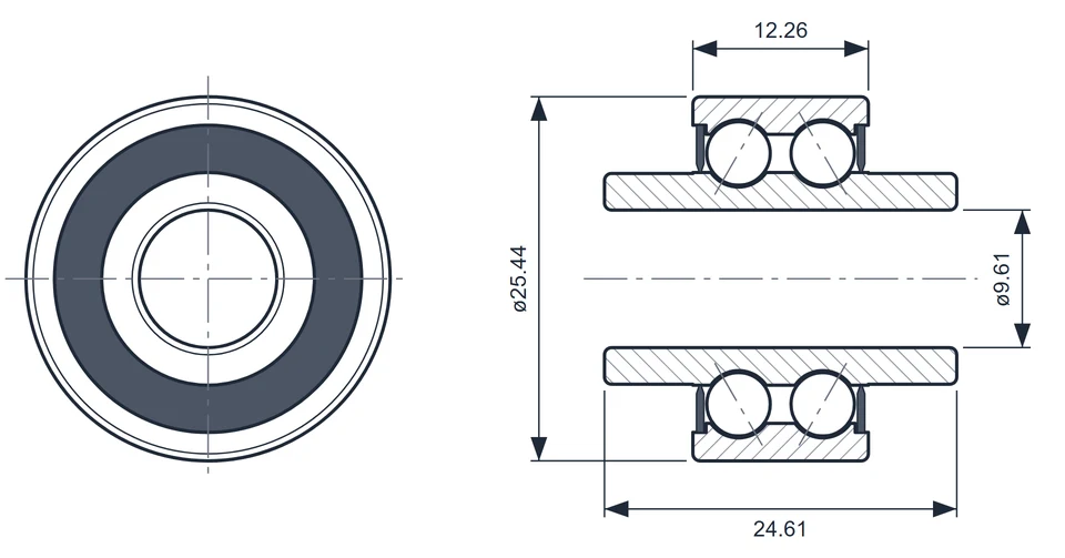 6000-620 bearing dimension drawing, 9.61 x 25.44 x 24.61 mm