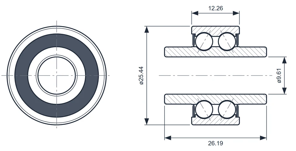 6000-622 bearing dimension drawing, 9.61 x 25.44 x 26.19 mm