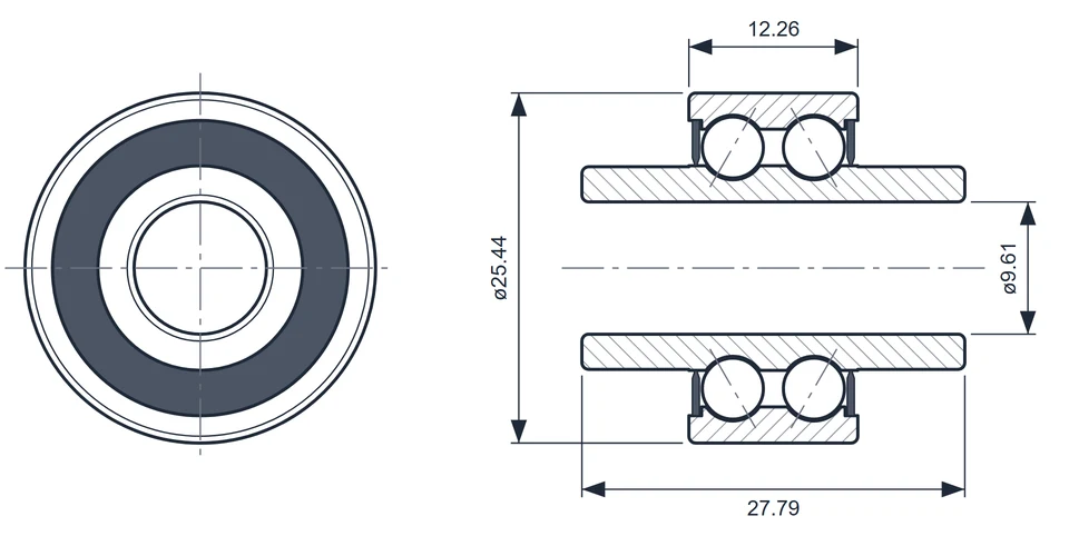 6000-624 bearing dimension drawing, 9.61 x 25.44 x 27.79 mm