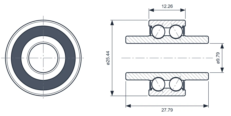 6000-624A bearing dimension drawing, 9.79 x 25.44 x 27.79 mm