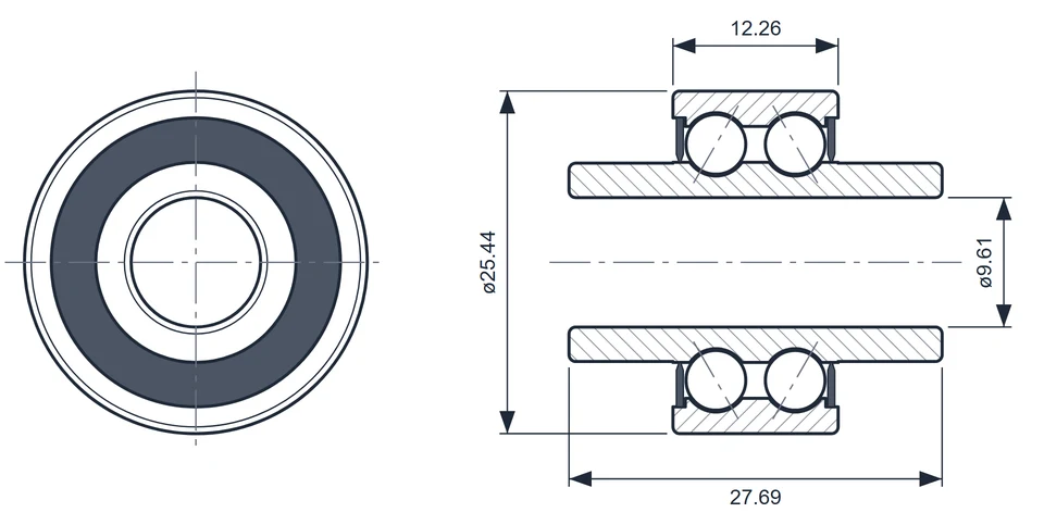 6000-625 bearing dimension drawing, 9.61 x 25.44 x 27.69 mm