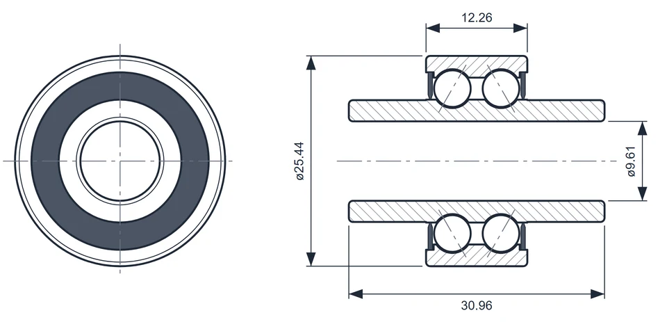 6000-628 bearing dimension drawing, 9.61 x 25.44 x 30.96 mm