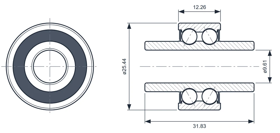 6000-629 bearing dimension drawing, 9.61 x 25.44 x 31.83 mm