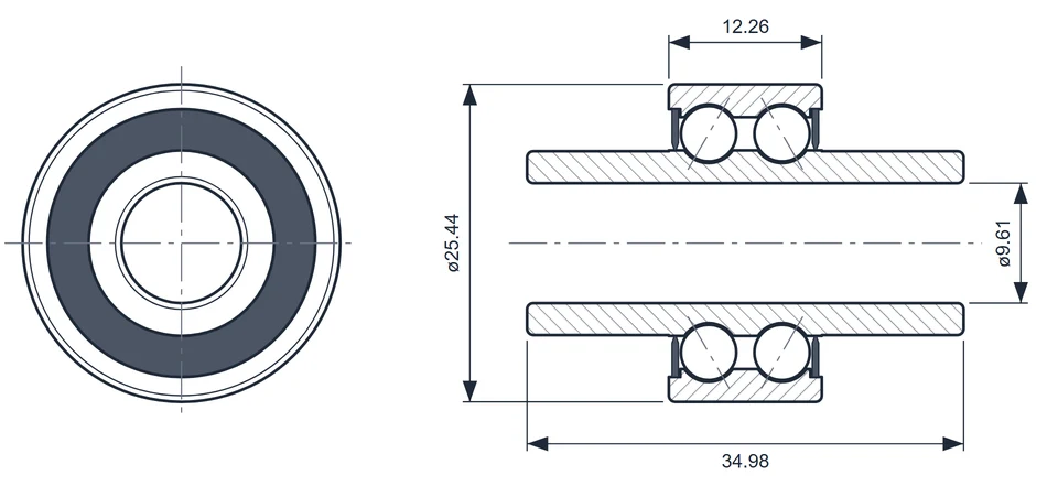 6000-633 bearing dimension drawing, 9.61 x 25.44 x 34.98 mm