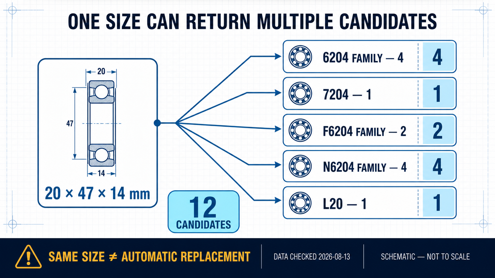 20 by 47 by 14 millimetre bearing size branching to 12 candidate records