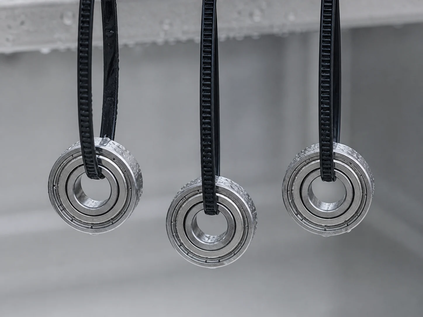 Steel bearing specimens suspended inside a salt spray test chamber