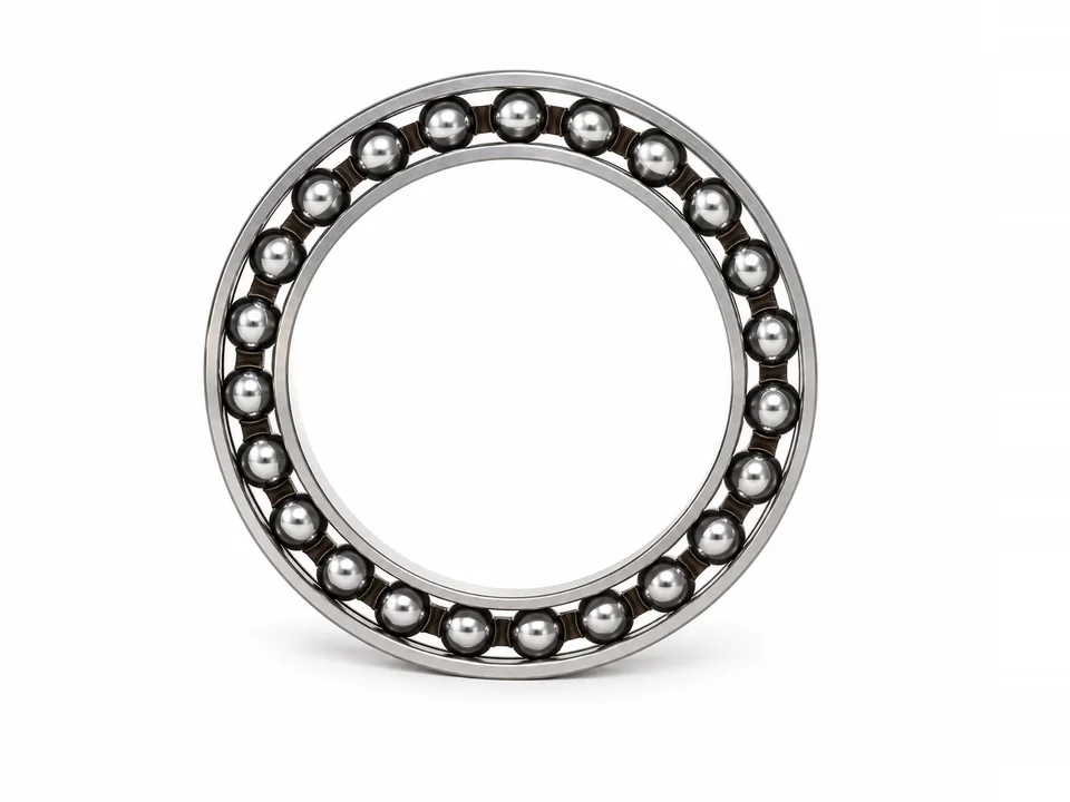 Flexible ball bearing, front view showing balls and cage